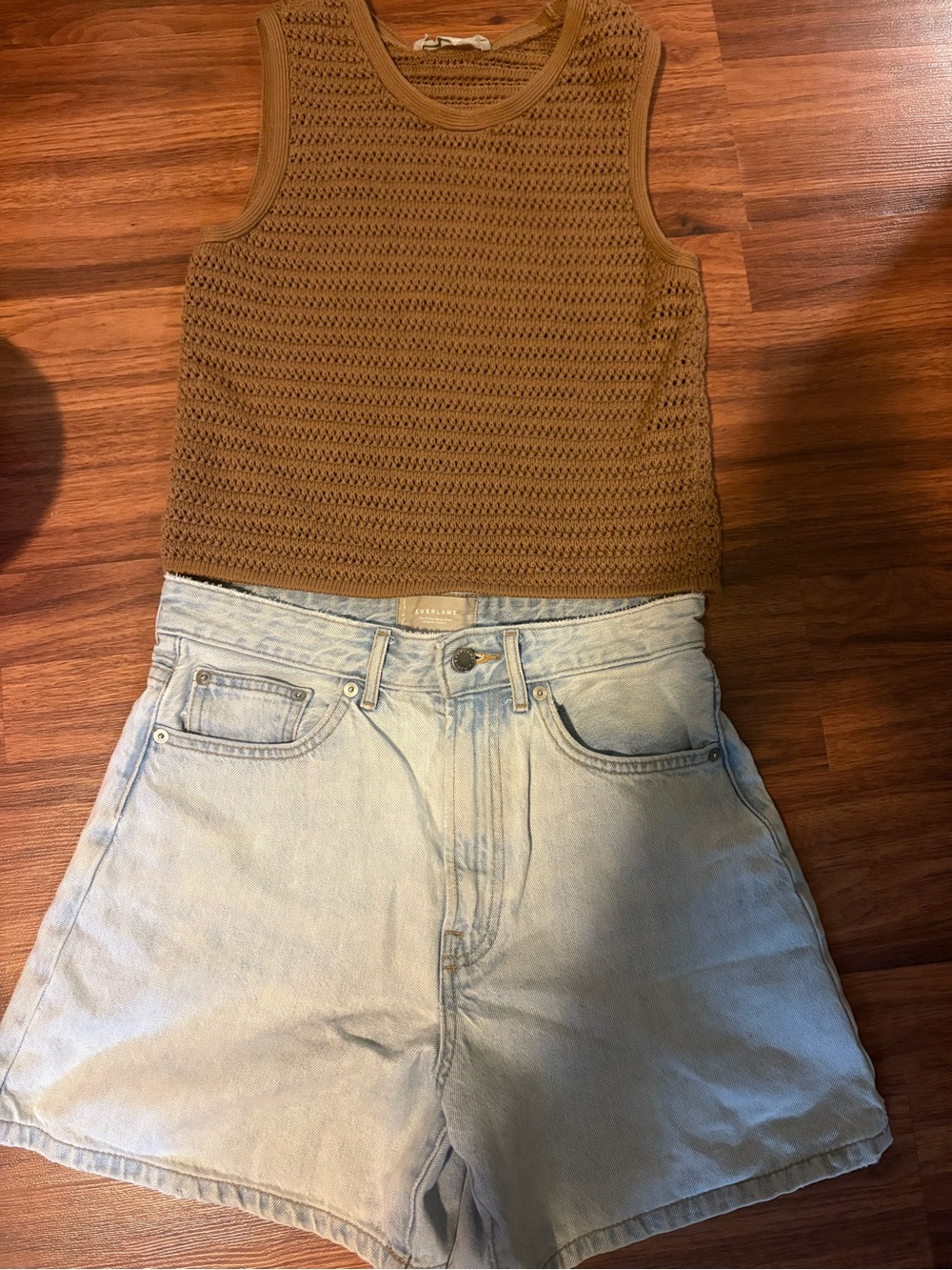 Everlane Light Wash High-Rise Denim Shorts and Brown Top
